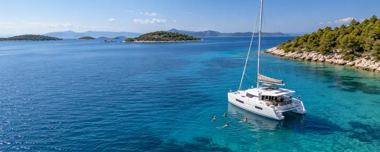 Sailing catamaran in a Croatian island bay