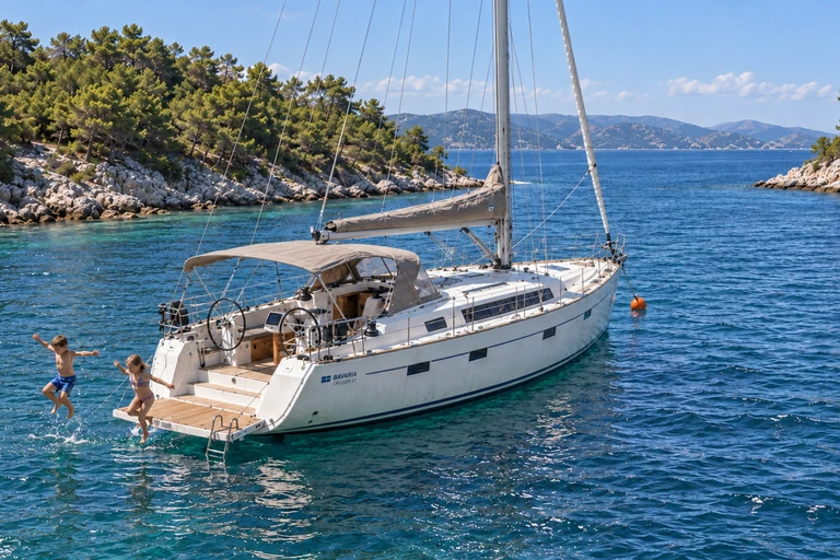 Bavaria sailboat tied to a mooring buoy in a Croatian bay